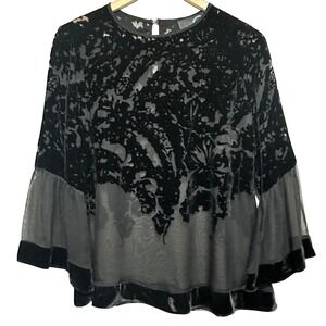 Analili Velvet Burnout Sheer Bell Sleeve‎ Blouse Womens M Black Mesh Whimsigoth